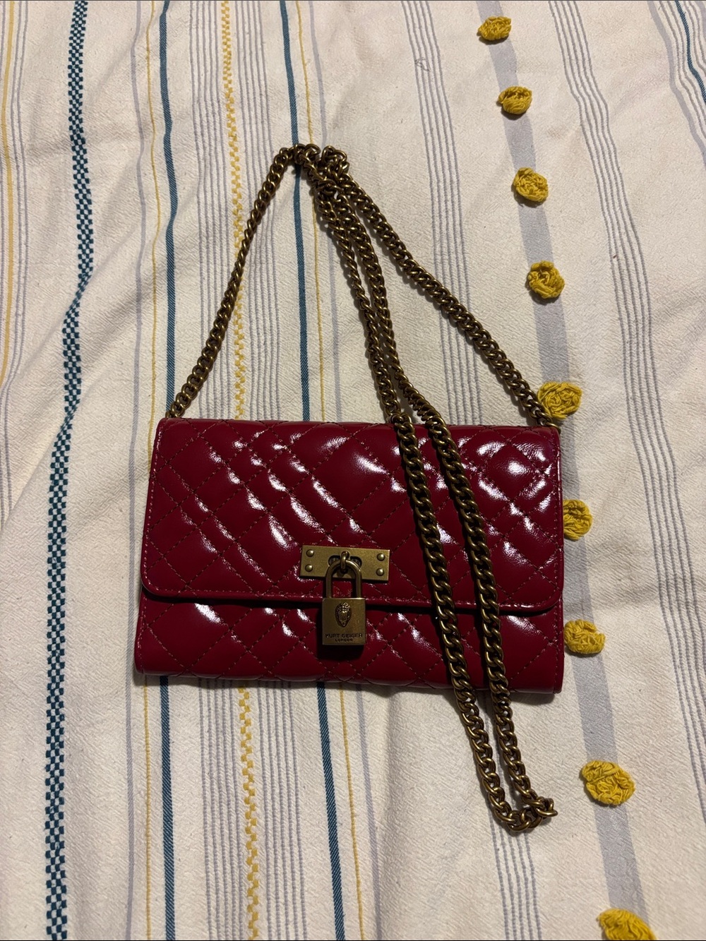 Kurt Geiger Quilted The Brixton Patent Leather in Deep Red with Gold Chain